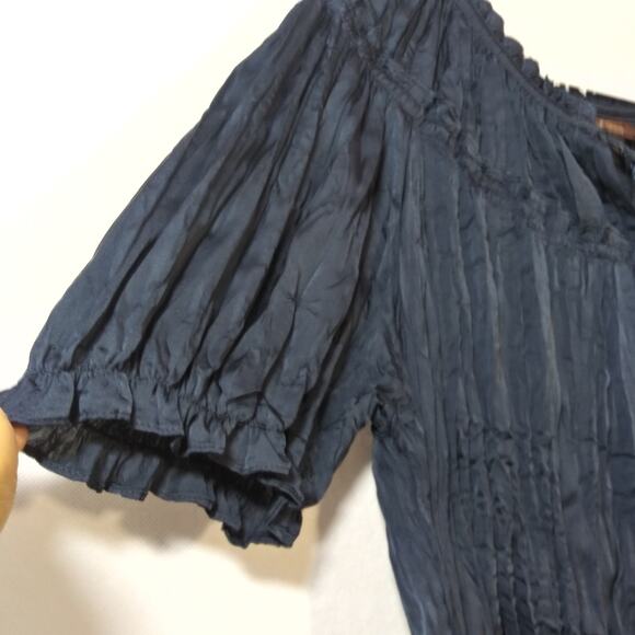 Dana Buchman Navy Blue Crinkle Short Sleeve Button Front Blouse Tie Neck Size 1X - Picture 3 of 7